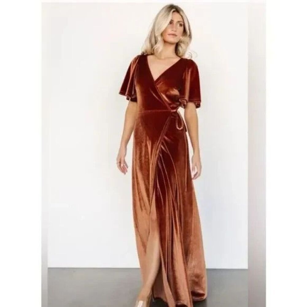 Baltic Born Velvet Wrap Maxi Dress Rust Brown Flutter Formal Evening Gown L - Picture 1 of 7